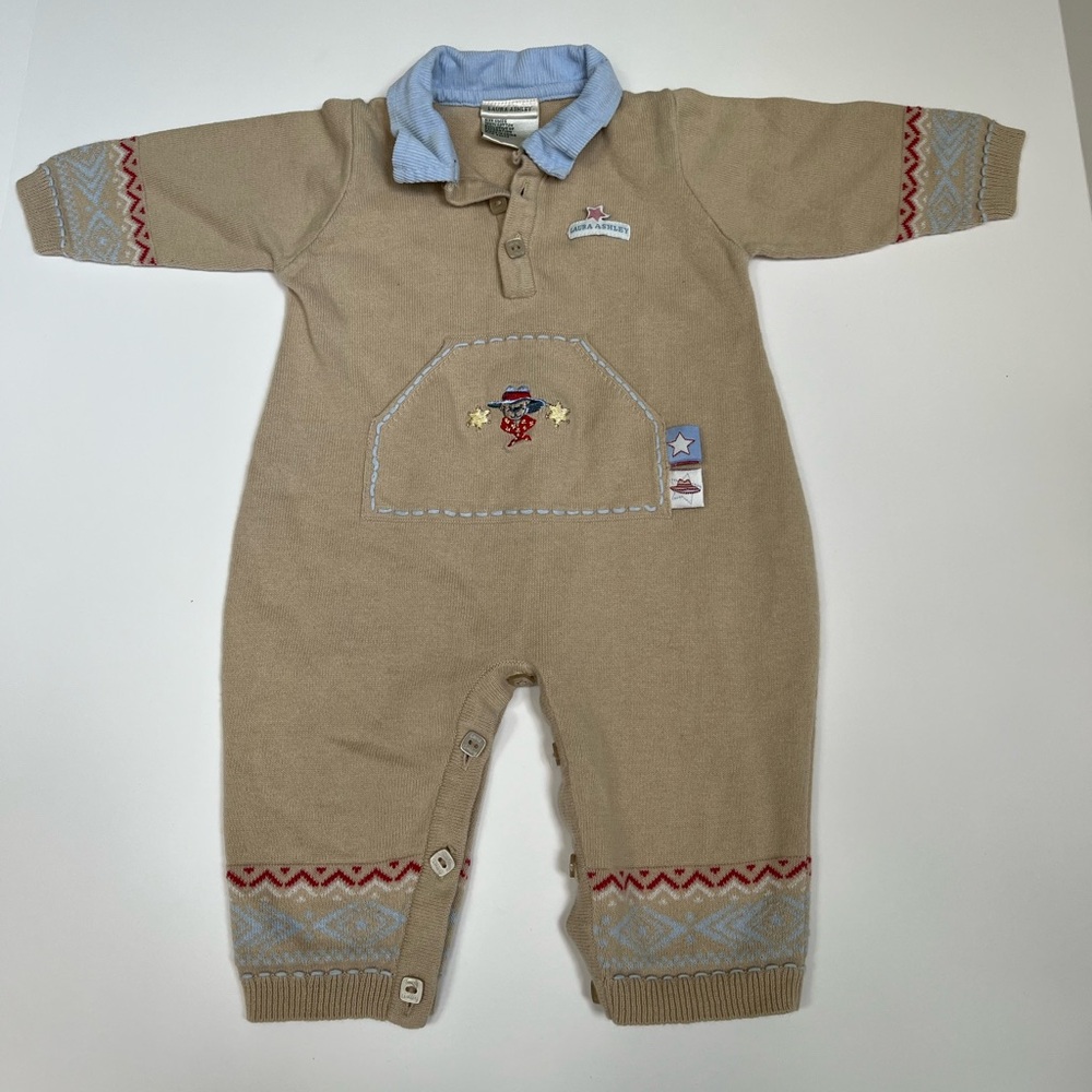 VTG Laura Ashley Baby Blue Jean Cowboy Teddy Bear Sweater One Piece 90s Western